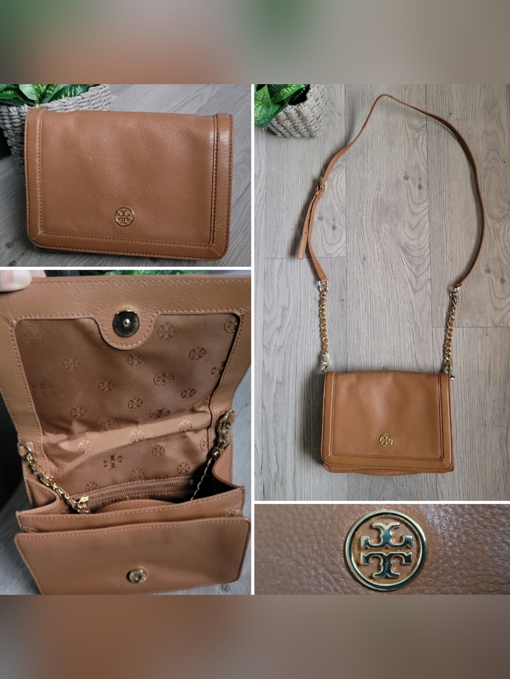 Tory Burch Robinson Brown Pebble Leather 27" Crossbody Bag with Gold Chain Strap